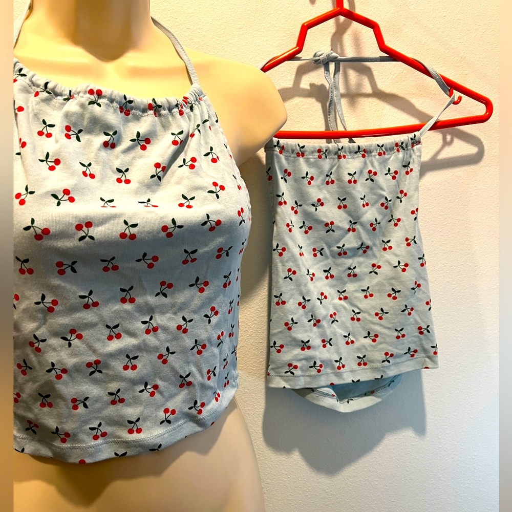 Full Tilt Light Blue & Cherries Crop Tanks, Adult XS & CH L, Lot of 2 matching!